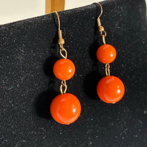 Orange Earrings Dangle Statement Hook Faux Pearls 2" Long Colorful Summer - Picture 1 of 5